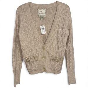 Bob Timberlake Lambswool Angora Sequin Cable Knit Cardigan Sweater Cream Womens
